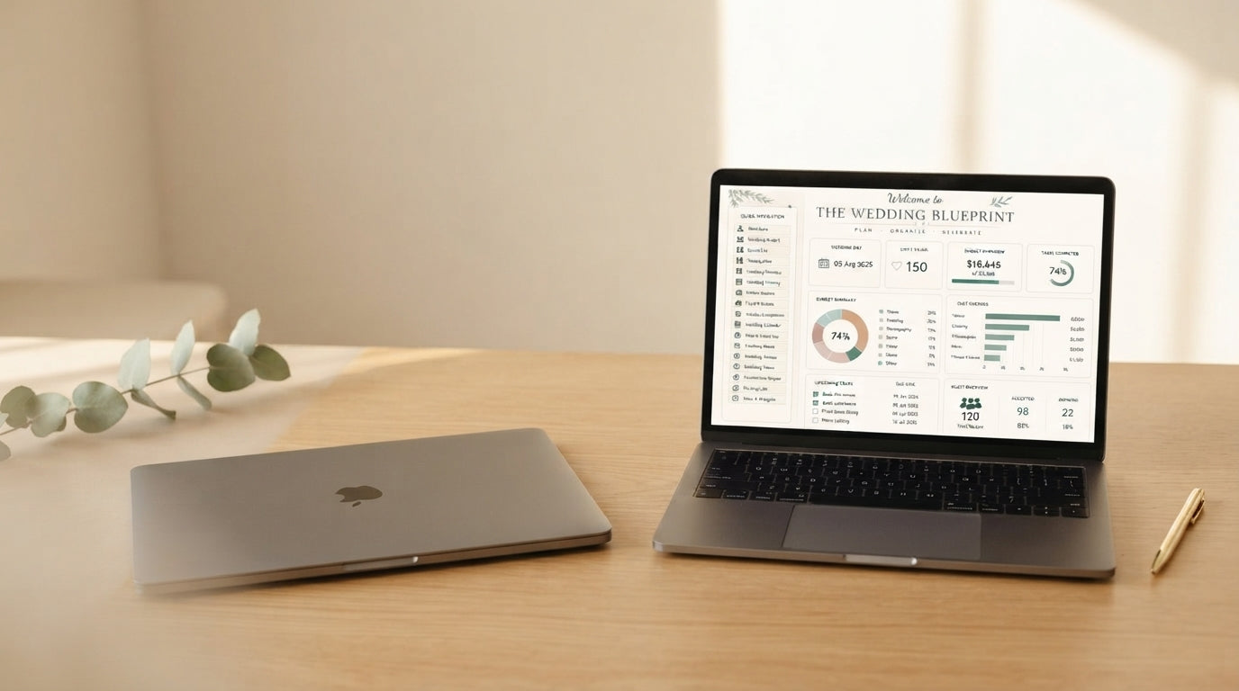 A laptop displaying a wedding planning spreadsheet on a clean desk with soft natural lighting and a eucalyptus branch.