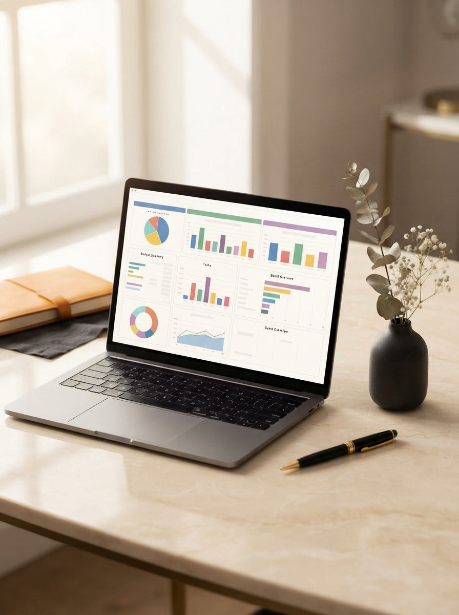Laptop on a marble desk showing a clean digital spreadsheet dashboard with data charts, styled with minimal decor in warm ton